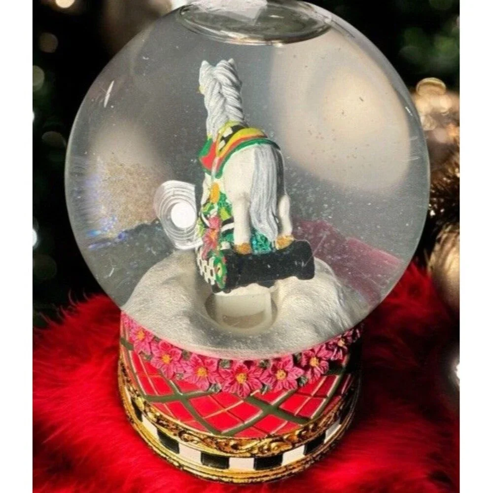 McKenzie Childs Designer Glitter Floral Carousel Horse Snowglobe Music Box Works